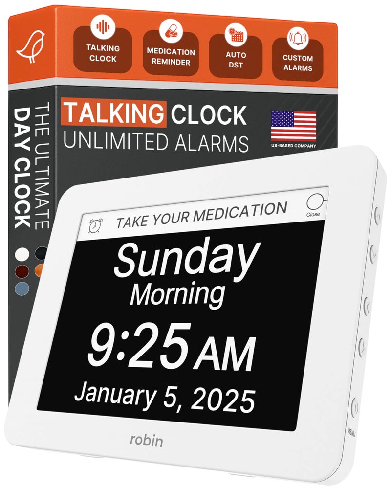 Robin Clock 2025 with Day and Date for Elderly, Clocks for Seniors, Dementia Clock, Digital Calendar Elderly, Bedside Clocks Seniors, Alzheimers Products, Dementia Clocks Extra Large, White - Image 1